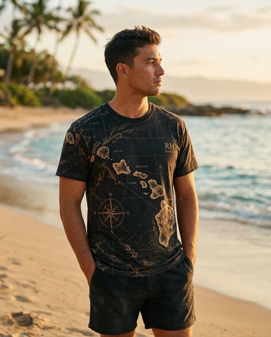 A man on a Hawaiian beach at golden hour wearing the Map of Hawaii t-shirt